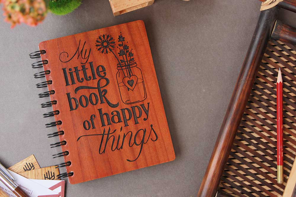 My Little Book Of Happy Things Notebook - Motivation Journal - Inspirational Journal - Custom Engraved Wooden Notebook