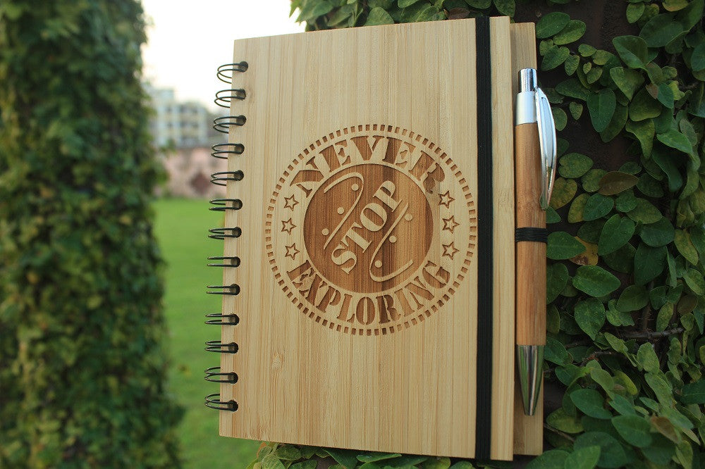 Never Stop Exploring - Wooden Travel Journal - Woodgeek Store