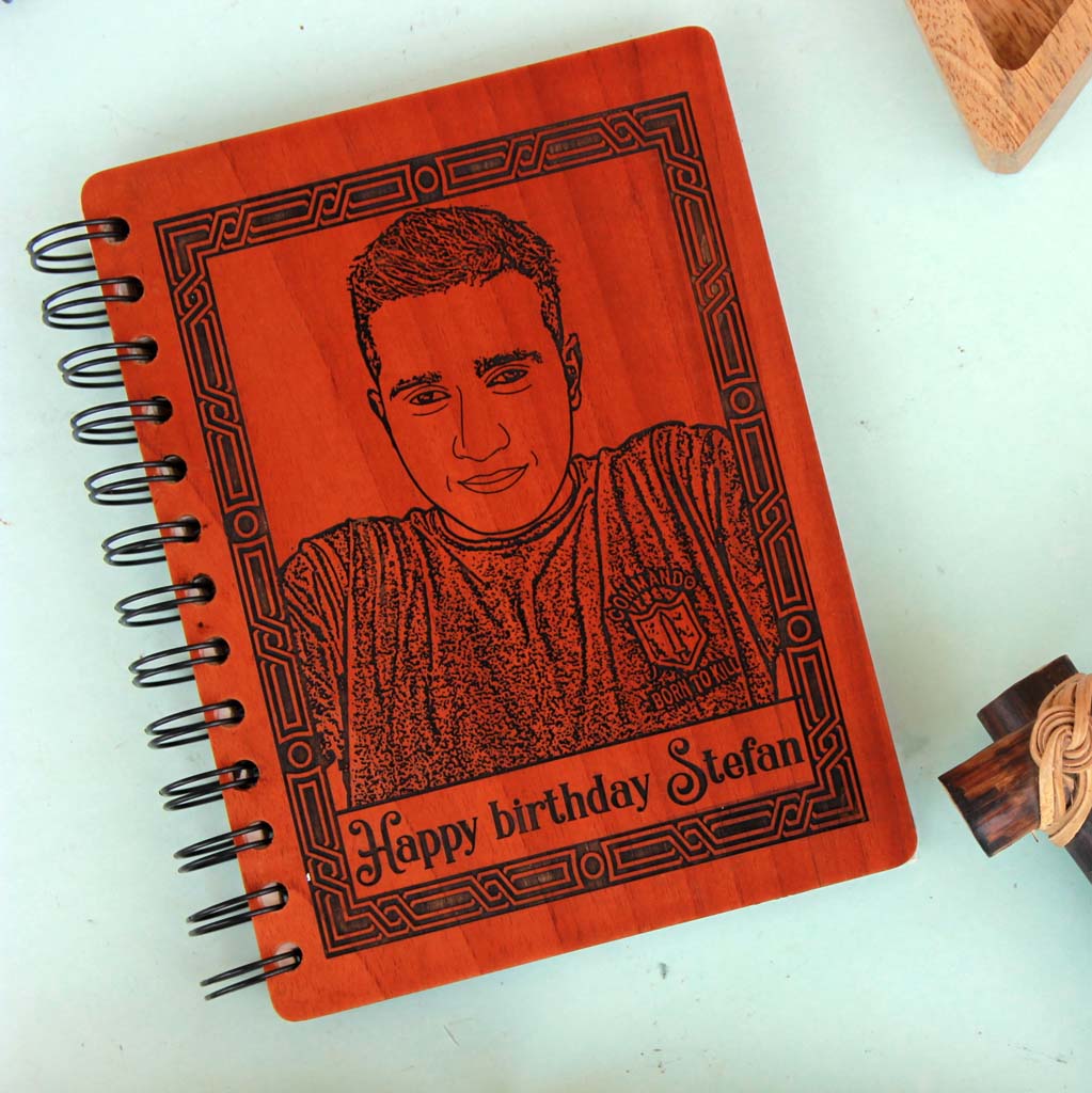 Personalised Happy Birthday Wooden Notebook With Photo On Wood. This Wood Engraved Photo Is One Of The Best Birthday Gifts For Men. This Journal Notebook Is One Of The Birthday Gifts For Men. Birthday Gifts For Him. Looking For Birthday Gift Ideas For Boyfriend? This Wooden Diary Is A Great Birthday Gift For Boyfriend. These Photo Gifts Make The Best Birthday Gifts For Men. This Makes Unique Birthday Gifts For Him.