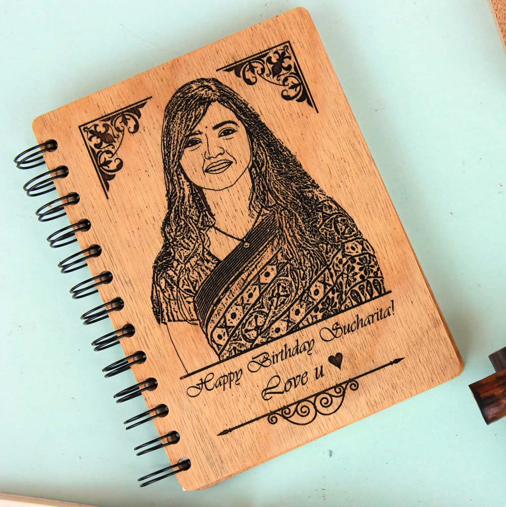 Personalised Diary Notebook Engraved With Birthday Wishes. This photo on woodis the best birthday gifts for wife and birthday gift for girlfriend. These wooden notebooks make unique birthday gifts for her and birthday gifts for women.