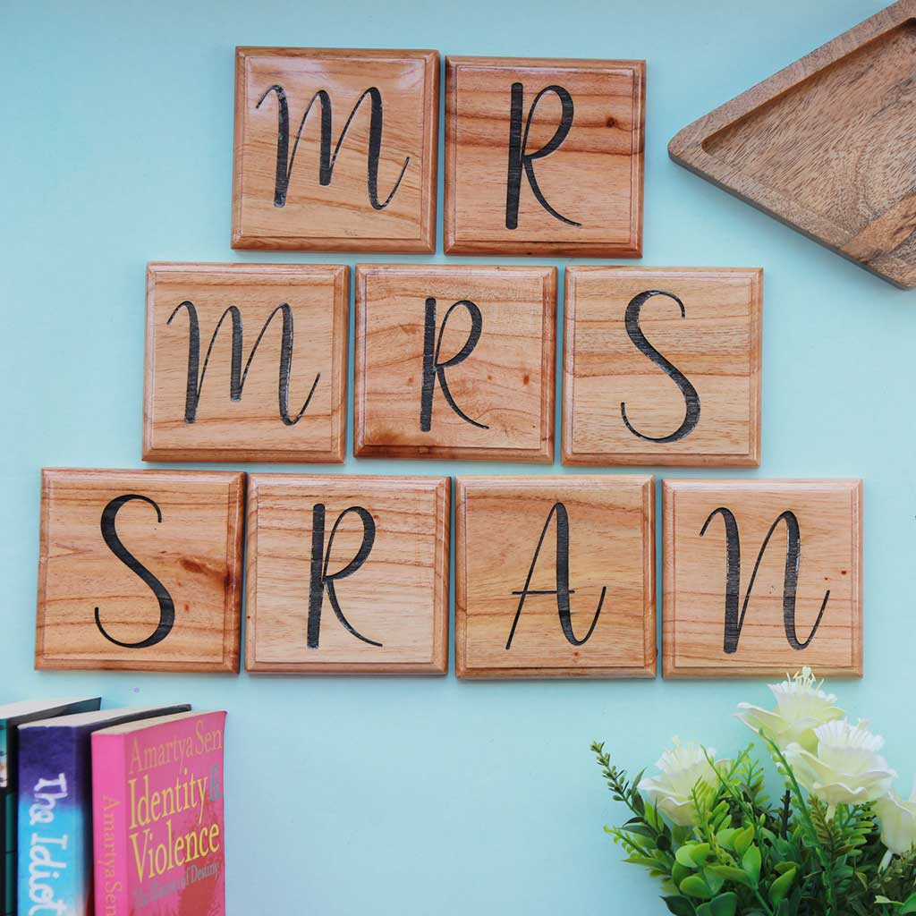 Mr And Mrs Wooden Crossword Art. Home Decor Wall Art Need Not Be Boring. These Crossword Puzzles Are Modern Wall Decor For Any Room. Buy Personalized Gift Items Online From The Woodgeek Store. These Wooden Tiles Make Unique Gifts For Husband & The Best Gifts For Wife 