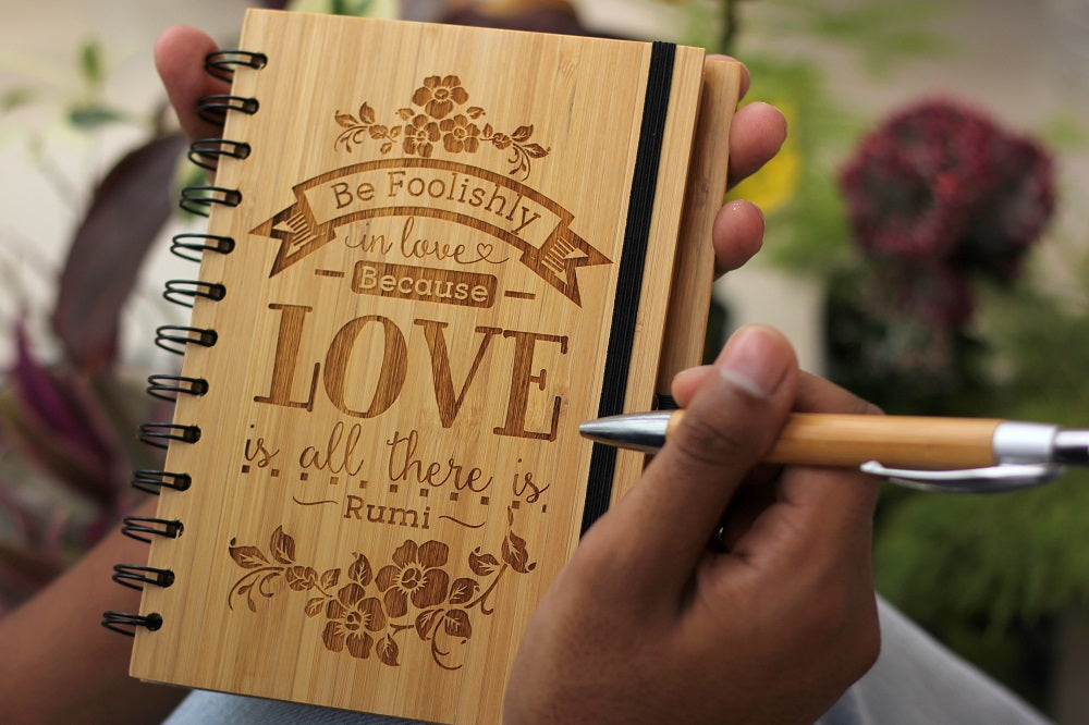 Be Foolishly In Love Because Love Is All There Is - Love Conquers All - Buy Romantic Gifts Online - Personalized Notebook - Love Journal - Wooden Notebook - Rumi Love Quotes - Custom Gifts for boyfriend - Personalized gifts for girlfriend - Woodgeek Store
