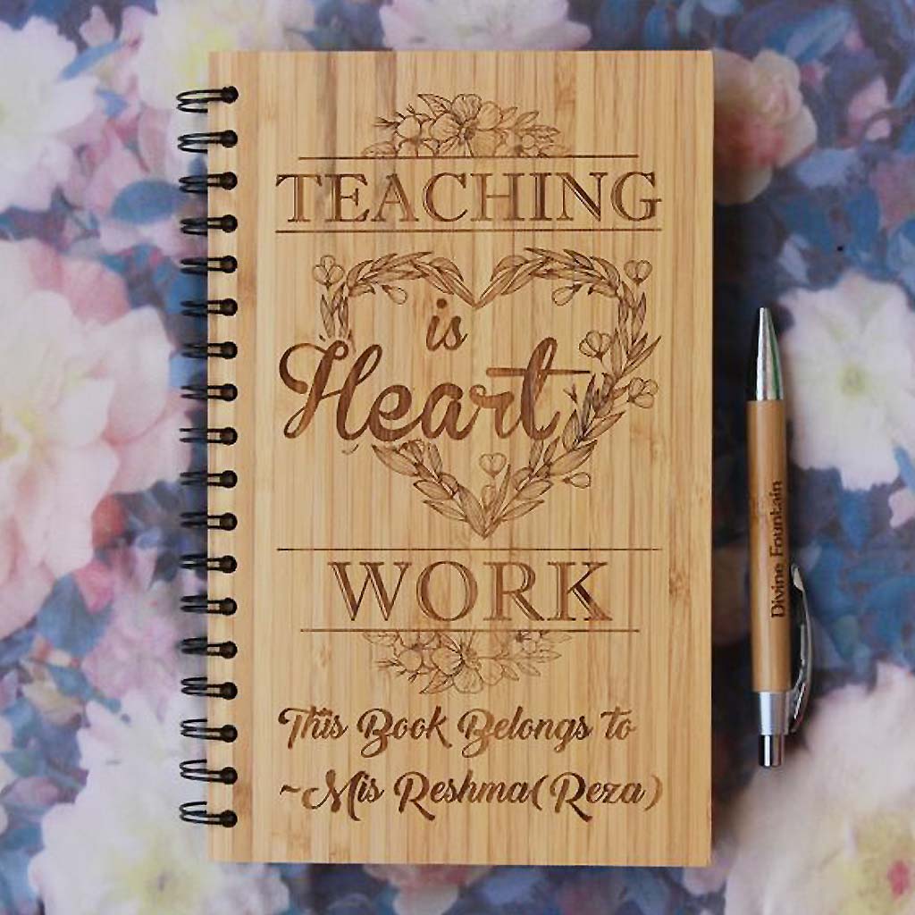 Teaching Is Heart Work Personalized Wooden Journal. This Custom Spiral Notebook Is An Unique Gift For Teachers. Buy More Personlized Gifts For Teachers Online From The Woodgeek Store.