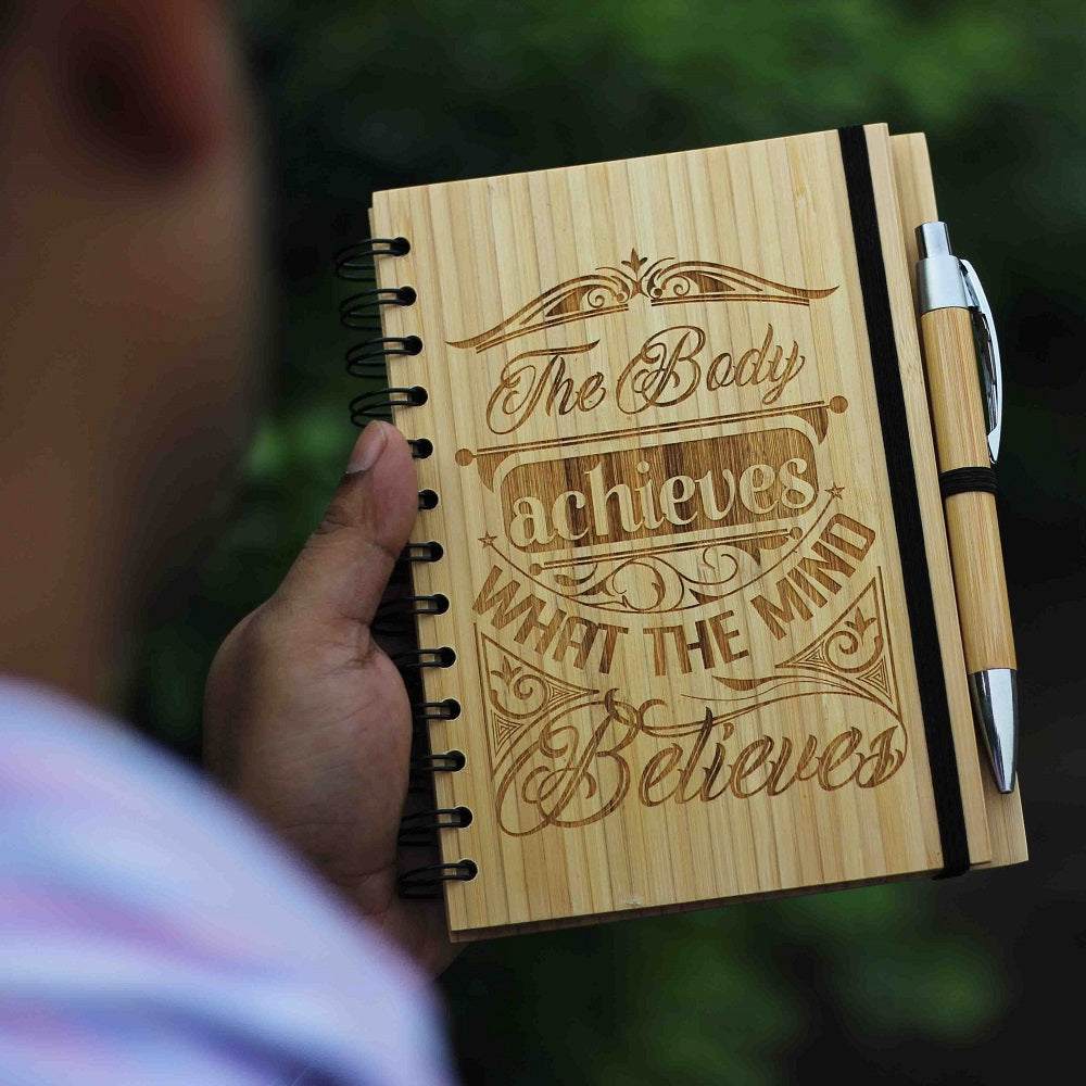 The Body Achieves What The Mind Believes - Fitness Journal - Workout Log Book - Exercise Journal - Food and Fitness Journal - Fitness Log - Diet and Food Journal - Best Workout Journal - Exercise Log book - Gym Journal - Fitness Notebook - Wooden Notebook - Personalized Notebook - Bamboo Journal - Woodgeek Store