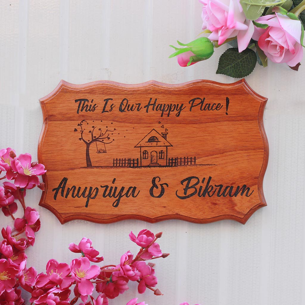 This Is Our Happy Place Wood Sign - Wooden Plaques - Personalized Wood Signs - Rustic Wood Signs - Wooden Family Sign - Engraved Wood Signs Outdoor - Small Wooden Items - Wooden Home Decor - Gifts For Newly-Weds - Woodgeek Store