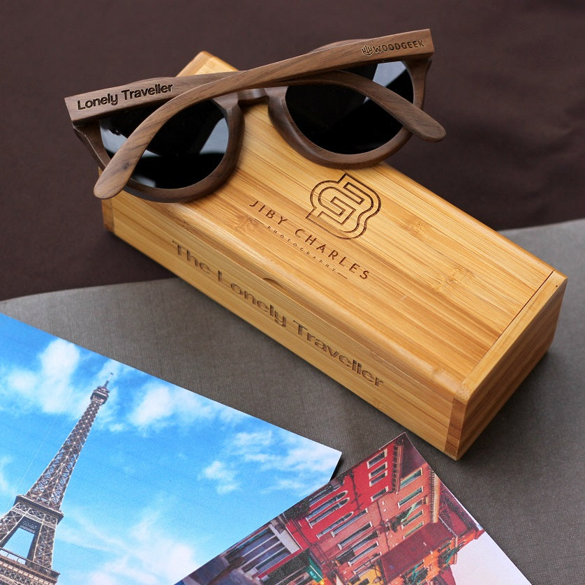 Customized Travel Sunglasses - Wooden Hipster Sunglasses from Woodgeek Store Engraved With Name