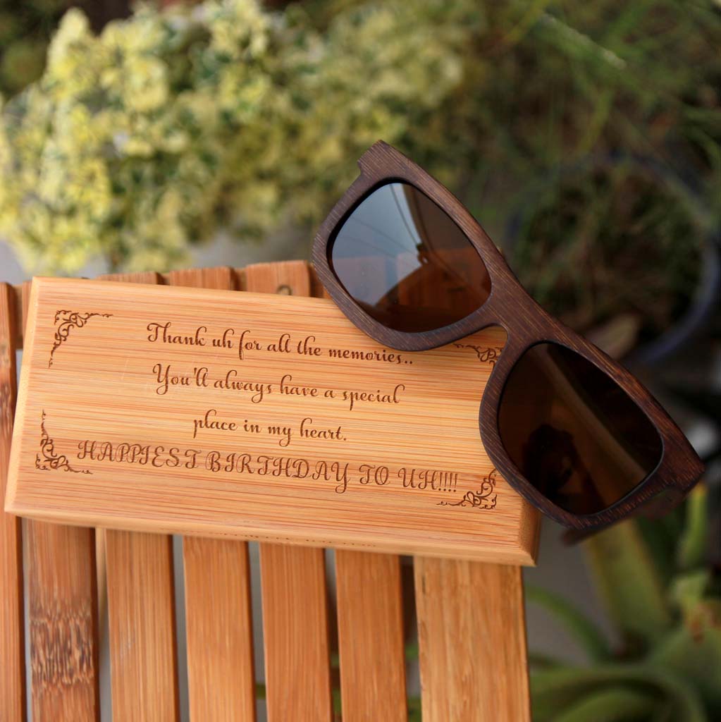 Personalised Happy Birthday Wooden Sunglasses With Box. This Polarised Sunglasses Is One Of The Best Birthday Gifts For Men. This Custom Sunglasses Is One Of The Birthday Gifts For Men. Birthday Gifts For Him. Looking For Birthday Gift Ideas For Boyfriend? This Personalised Sunglasses With A Customised Wooden Box Is A Great Birthday Gift For Boyfriend. These Wooden Sunglasses Make The Best Birthday Gifts For Men. This Makes Unique Birthday Gifts For Him.