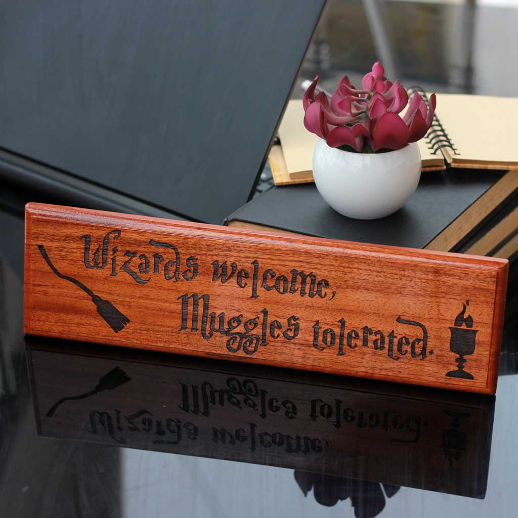 Wizards Welcome, Muggles Tolerated Wood Nameplate for Harry Potter fans by Woodgeek Store. These Custom Wooden Nameplates Make Great Harry Potter Home Decor For Harry Potter Fans. Buy More Harry Potter Goods From The Woodgeek Store.