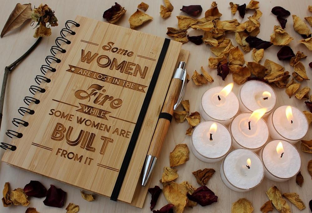 Some women are lost in the fire and some women are built from it - Personalized Bamboo Wood notebook for women - Best Gifts for Women - Woodgeek Store