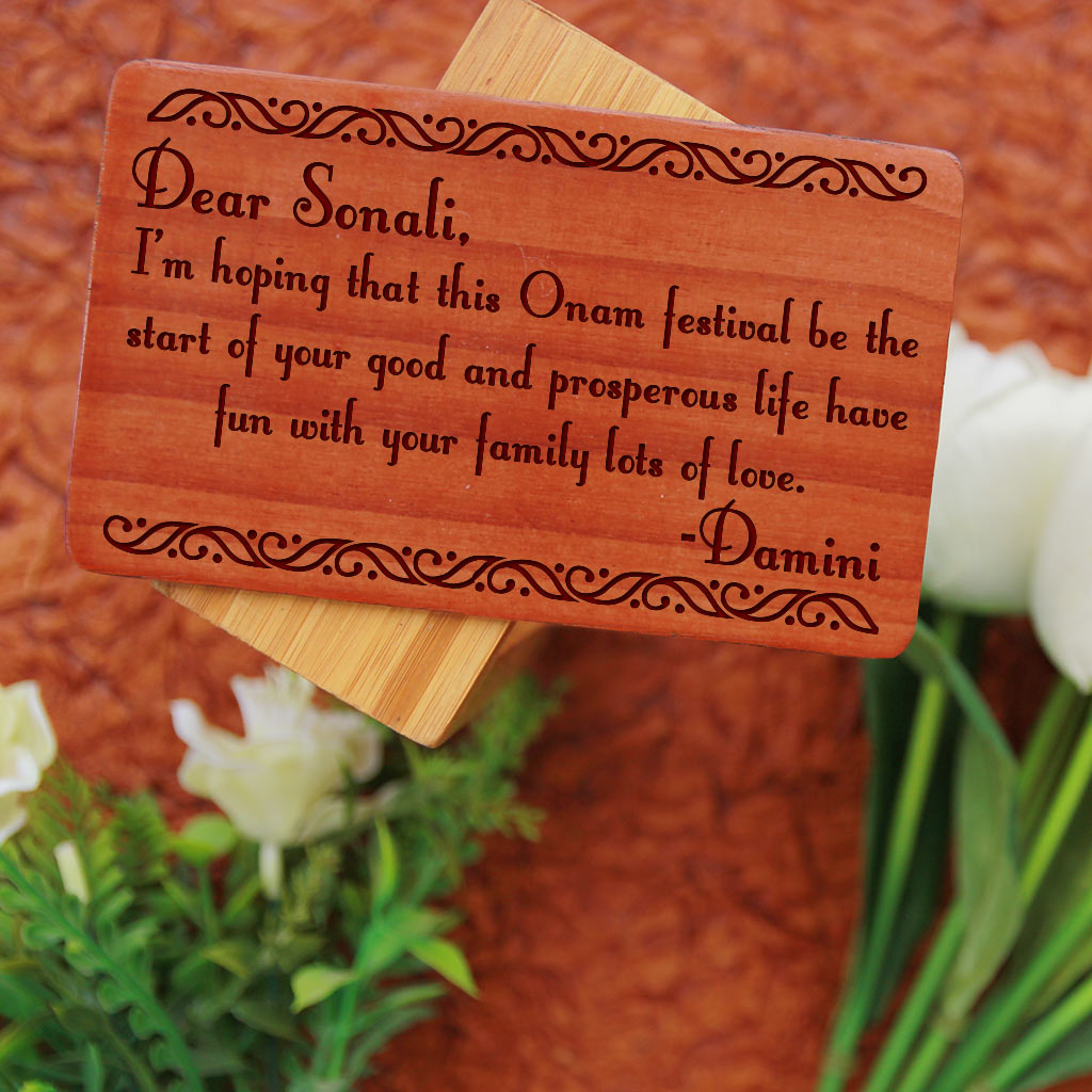 Wooden Greeting Cards For Onam. These Personalized Cards Of Wood Are Great Onam Gift Ideas. Send Wishes And Onam Greetings With These Wooden Cards Online. Shop More Onam Gifts Online From Woodgeek Store.