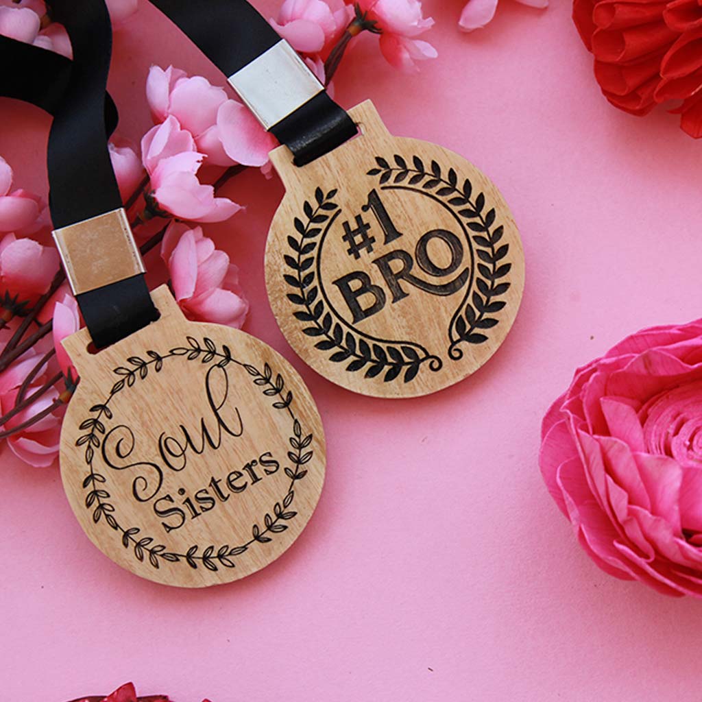 #1 Bro Wooden Medal & Soul Sisters Wooden Medal. These Engraved Medals Make The Best Raksha Bandhan Special Gifts For Brothers And Sisters. Buy More Amazing Rakhi Gift Items From The Woodgeek Store.