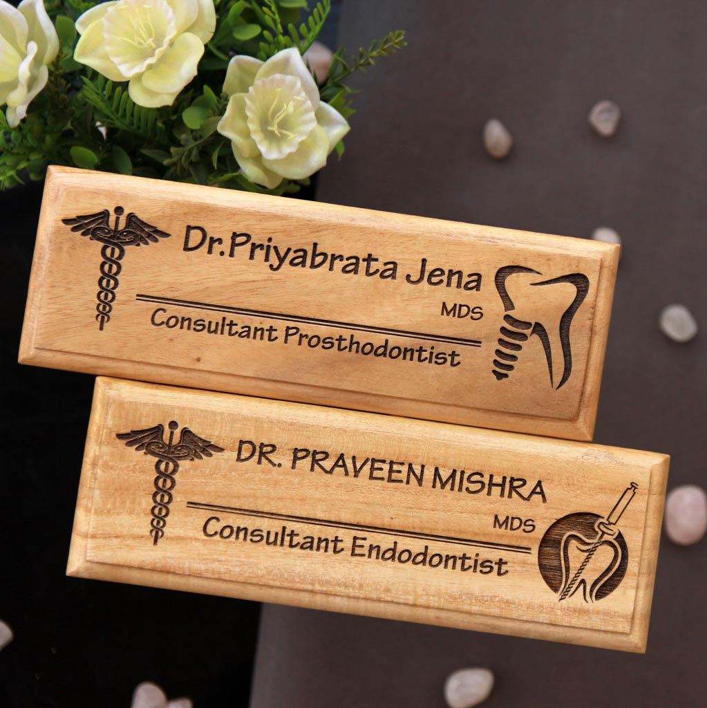 Personalized Wooden Nameplates For Doctors - This wooden desk name plate makes a great office desk accessory - Looking for gifts for doctors ? This logo engraved nameplate makes the best affordable gifts for your family physician