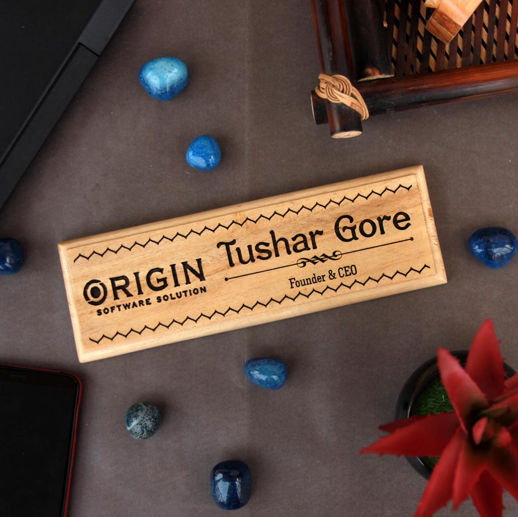 Logo Engraved Wooden Nameplate - These wooden nameplates make the best personalized engraved wooden gifts to gift your boss or office colleagues - These office name plates are one of the best office table accessories