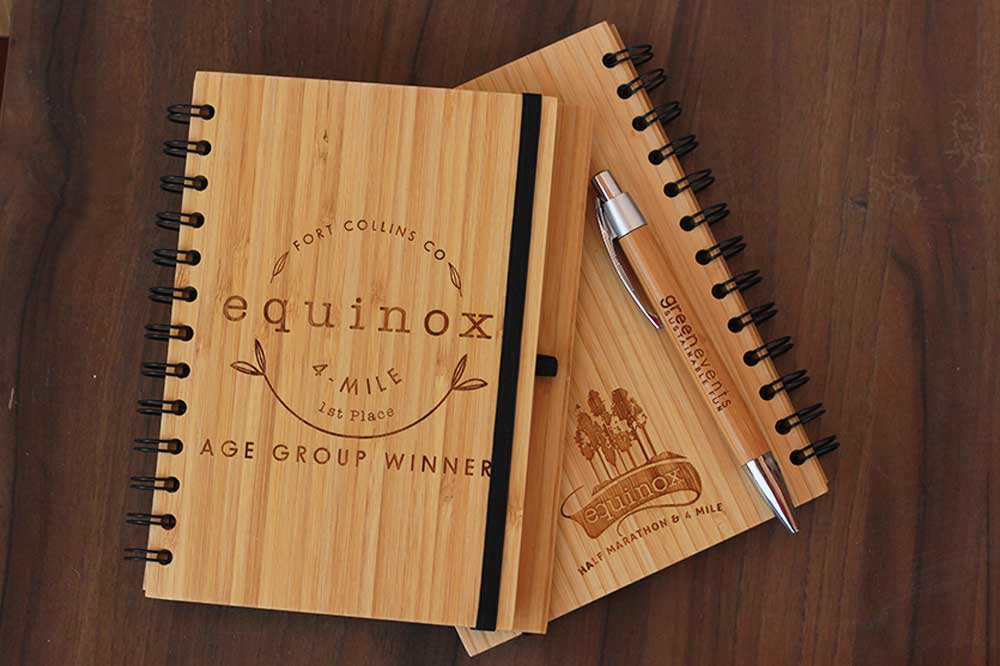 Wooden Notebooks as Corporate Gifts for Winners of Equinox Half Marathon, Green Events, Fort Collins, Colorado. Best Personalized Corporate Gifts for Employees and Promotional Gift for Clients