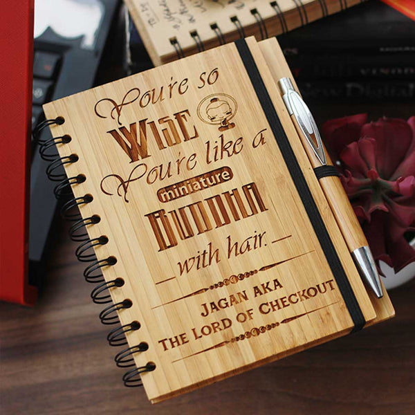 You're So Wise. You're Like A Miniature Buddha With Hair. Wooden Notebook Engraved With A Fun Quote. This is the best gift for a Gemini.