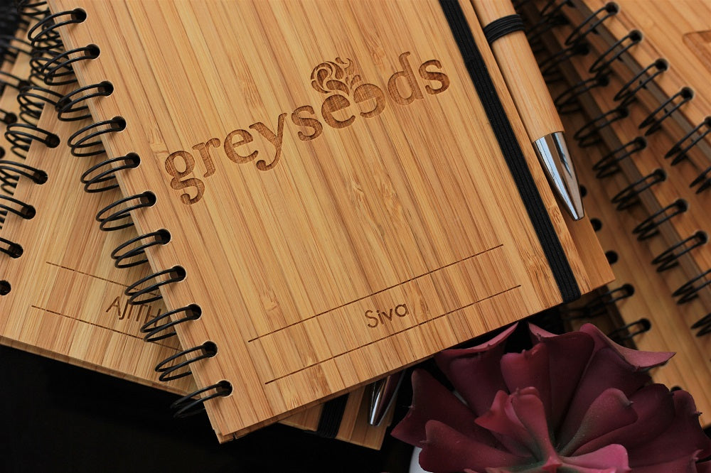 Bamboo Notebook Customized With Company Name & Each Client's Name for Greyseeds. Best Personalized Corporate Gifts for Employees and Promotional Gift for Clients