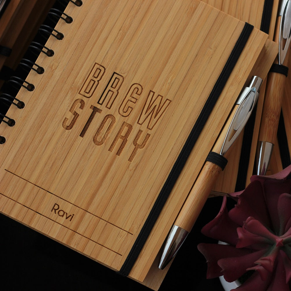 Bamboo Notebook Customized With Company Name & Each Client's Name for Brew Story. Best Personalized Corporate Gifts for Employees and Promotional Gift for Clients