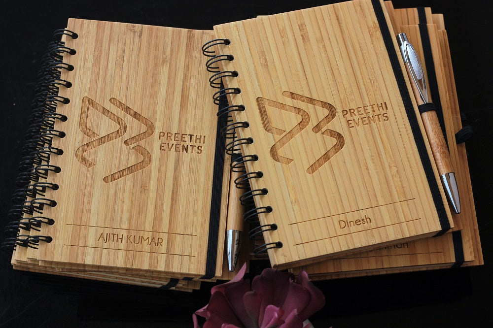 Customized Wooden Notebook For Preethi Events Engraved with Event Name & Participant's Name. Best Personalized Corporate Gifts for Employees and Promotional Gift for Clients
