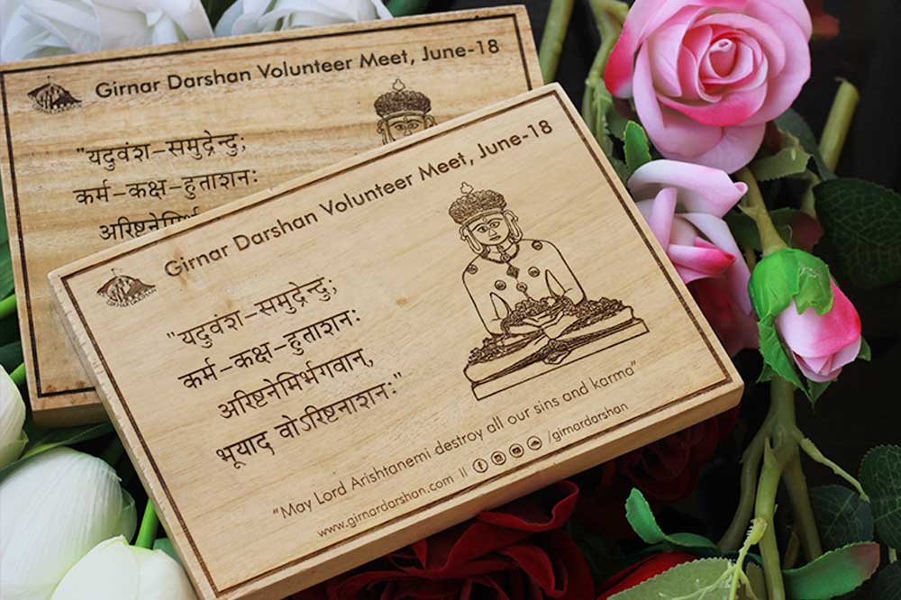 Wooden Posters Custom Engraved In Hindi For Girnar Darshan Volunteer Meet. Personalized Corporate Gifts for Clients. Buy Corporate Gifts in Bulk at Woodgeek Store