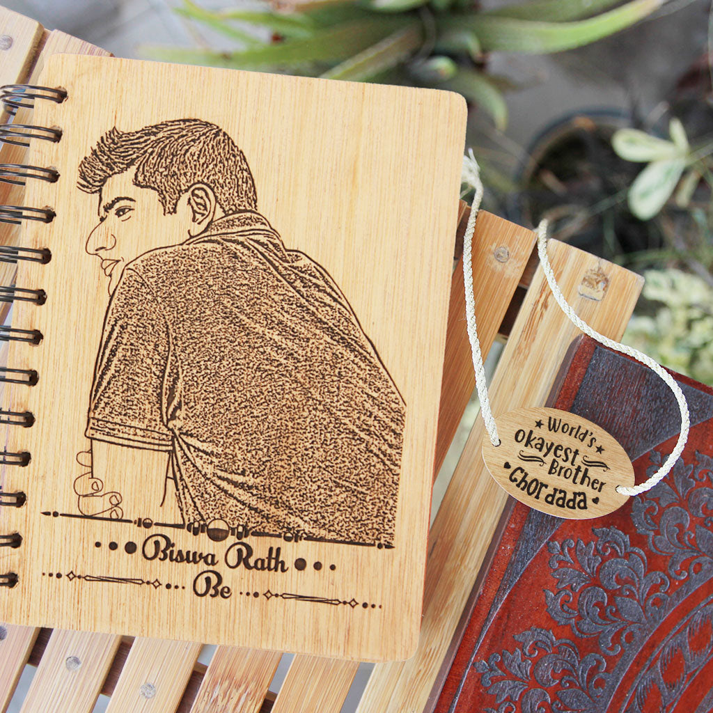 Customized Wooden Notebook With Photo. This Wooden Journal Makes One Of Best Raksha Bandhan Gift Ideas For Brothers. Buy Personalized Rakhi Gift Items Online From The Woodgeek Store.