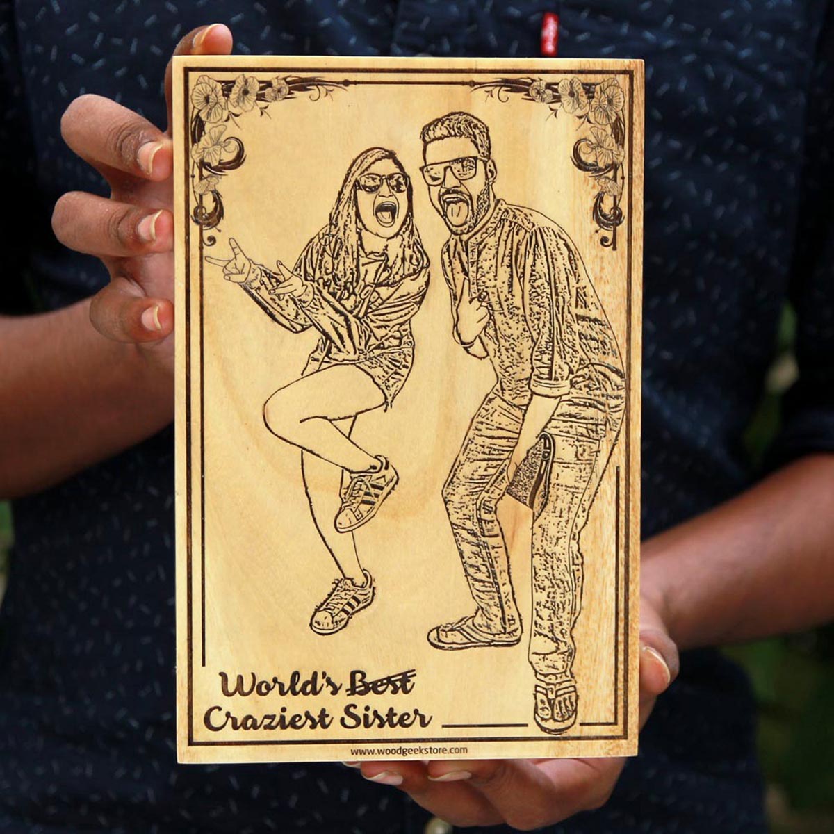 Custom Engraved Wooden Poster For The World's Craziest Sister - This Photo Frame Makes One Of The Best Rakhi Gifts For Sister - Buy More Personalized Rakhi Gifts For Brothers And Sisters From The Woodgeek Store