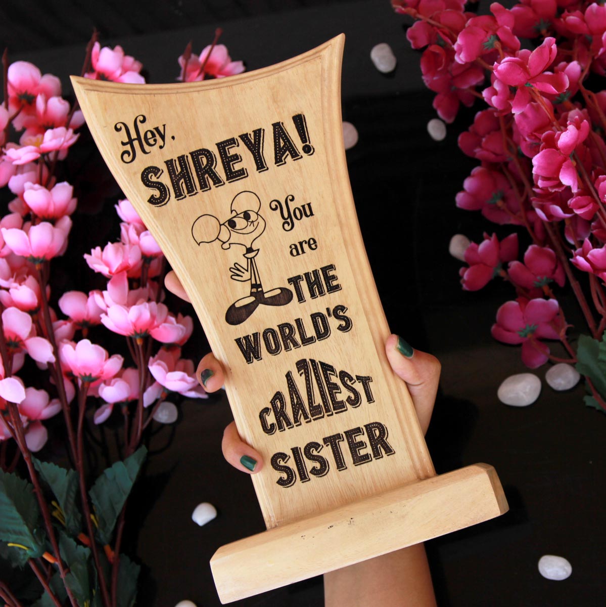 World's Craziest Sister Wooden Award Standee. This Wooden Trophy Award Is A Unique Gift For Raksha Bandhan. Buy More Personalized Online Gifts For Sisters From The Woodgeek Store.