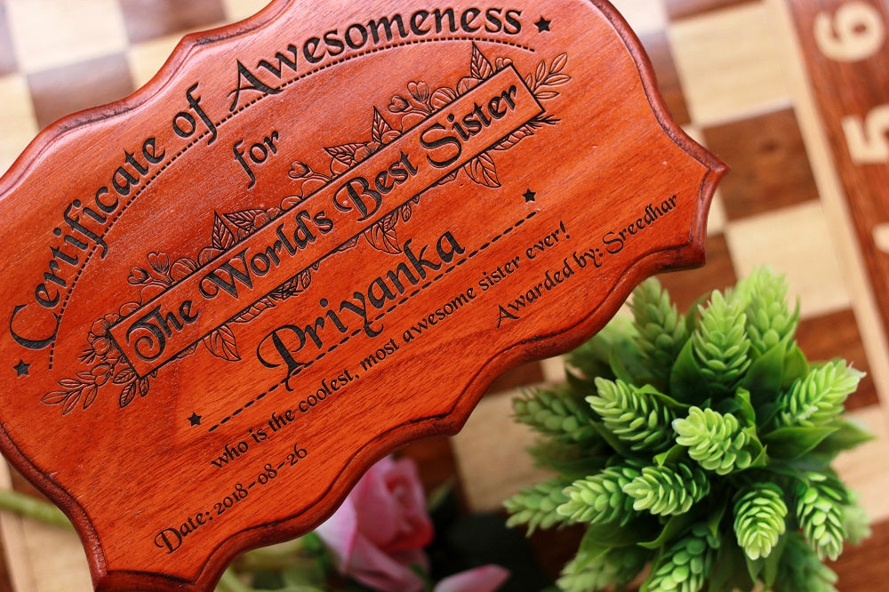 The World's Best Sister Certificate of Appreciation - Wooden certificate plaque - gifts for family - rakhi gifts for sisters - gifts for sisters customized - best sister wooden plaque - certificates and awards - birthday gifts for sisters - birthday gift ideas  - WoodGeek Store