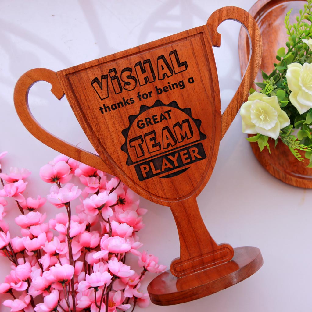 Best Team Player Wooden Trophy Award - This personalized trophy is a great appreciation award for boss - Buy more cool gifts for bosses online from the Woodgeek Store 