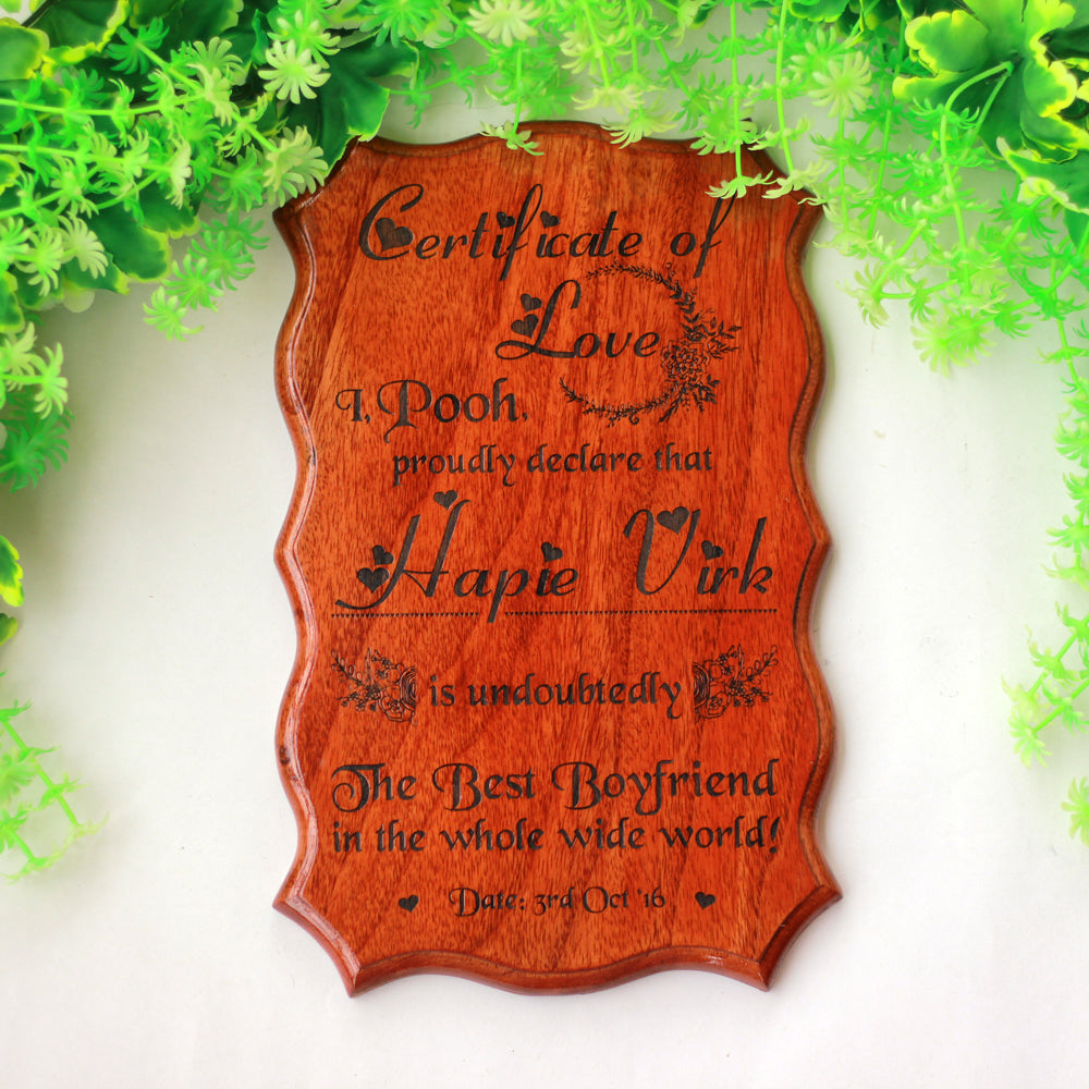 Certificate Of Love - Love Gift - I Love You Gifts - Certificate Design Online - Engraved Wooden Gifts - Valentine's Day Presents - Custom Made Certificates - Wood Certificate Plaque - Wood Material - Romantic Gifts - Woodgeek - Woodgeekstore