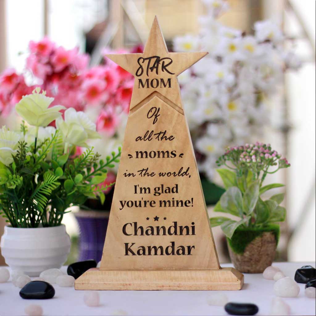Wooden Star Trophy For Mom - These custom awards and trophies make perfect gifts for mothers - Buy unique mother's day gifts online from The Woodgeek Store