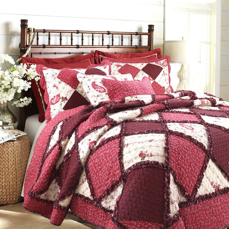Tache Cotton Patchwork Strawberry Field Red Pink Reversible Bedspread Quilt Set 