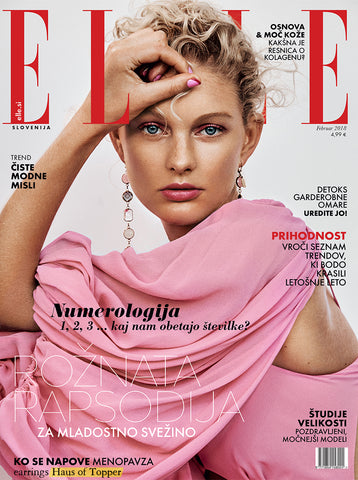 Haus of Topper pastel pink ombre crystal earrings on the cover of Elle Slovenia January issue