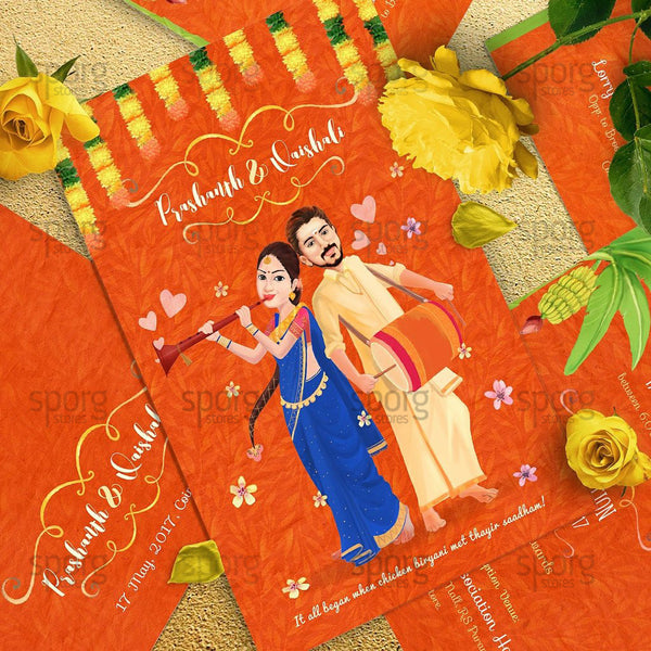 sporg studio caricature Illustrated wedding invitation design for south indian hindu marriage