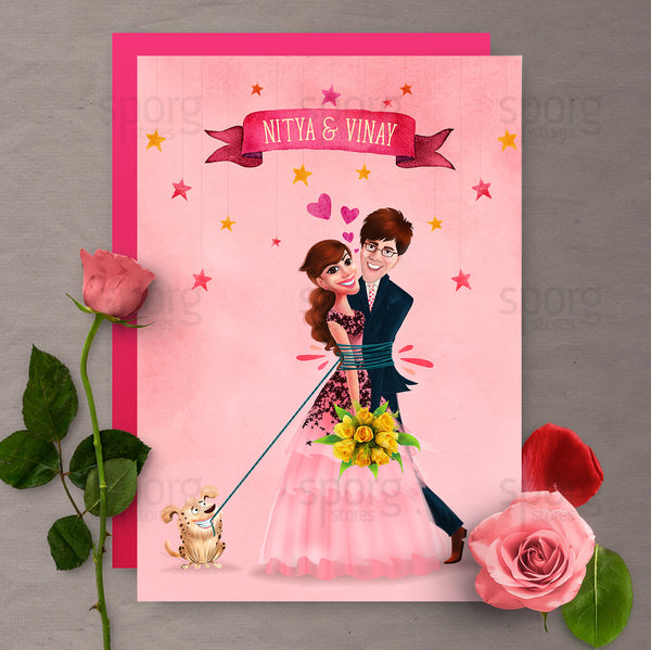 Couple caricature wedding card with dogs