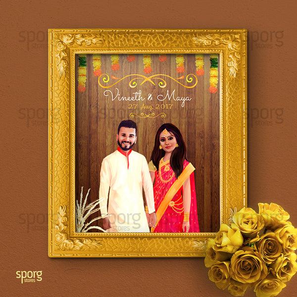 illustrated Indian wedding invitation design for Kerala wedding