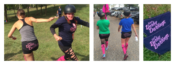 Dirt's Derby Darlings complete a relay exchange (left), parade (center), and a close up of their so fresh and so clean undies.