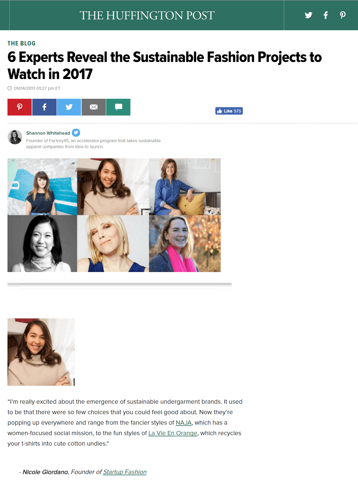 Huffington Post | 6 Experts Reveal the Sustainable Fashion Projects to Watch in 2017 [La Vie en Orange screenshot of Huffington Post banner and article excerpts taken on January 10, 2017]