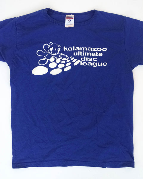 Royal blue KUDL tee with white bear and dots | Kalamazoo Ultimate Disc League