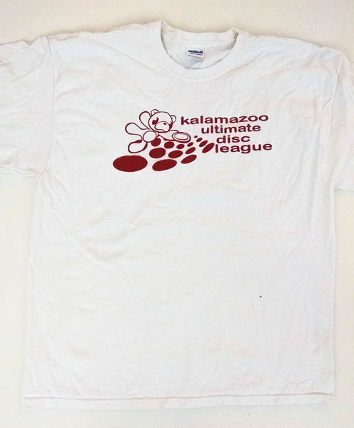 White KUDL tee with red bear and dots | Kalamazoo Ultimate Disc League
