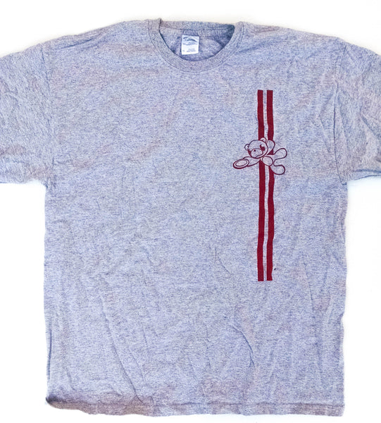 Heather gray KUDL tee with red bear and stripes | Kalamazoo Ultimate Disc League