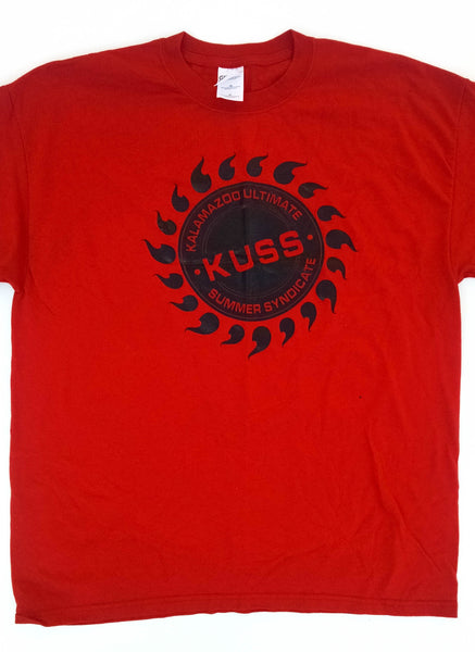 Red KUDL tee with black circle | Kalamazoo Ultimate Disc League