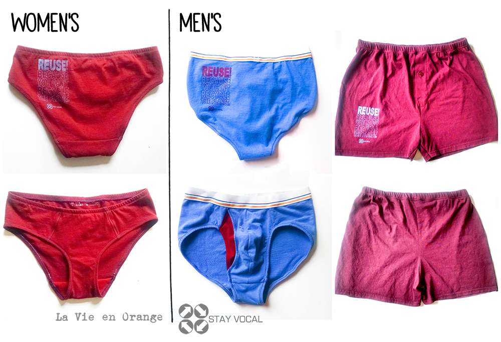 Side by side photos of the women's and men's undies offered as part of Stay Vocal's Reuse documentary giveaway. Chose from burgundy or cornflower blue. The women's style pictured is a hipster/boy-cut  (or higher cut brief, not pictured), with the Reuse image on the back left hip. The men's are a brief (like tighty whiteys) with Reuse artwork screen printed on the back left hip and a contrasting fabric detail in the fly or boxers with the print on lower left front leg.