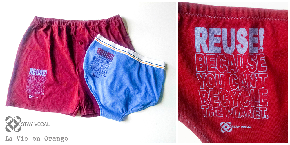 Stay Vocal and La Vie en Orange are partnering for Reuse documentary undies! Choose from burgundy or blue, women's boy-cut or brief, and men's briefs or boxers