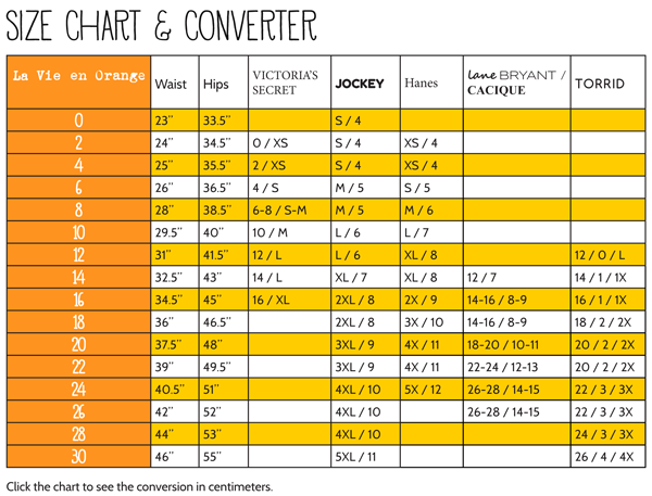 Women's Size Chart for La Vie en Orange