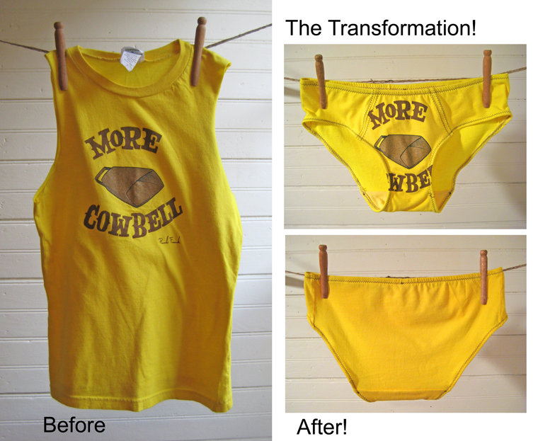 Side by side, before and after of "More Cowbell!" custom undies by La Vie en Orange