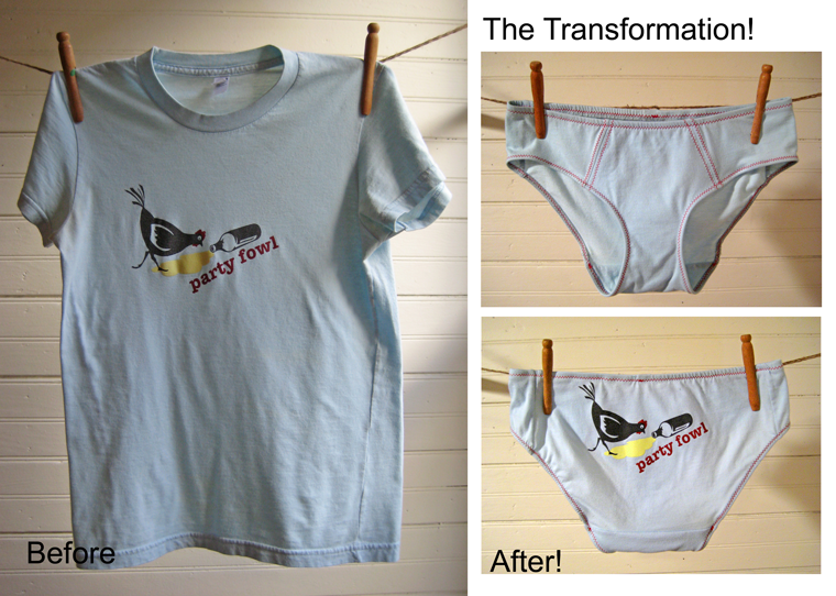 Side by side before and after of "Party Fowl" custom tshirt undies by La Vie en Orange