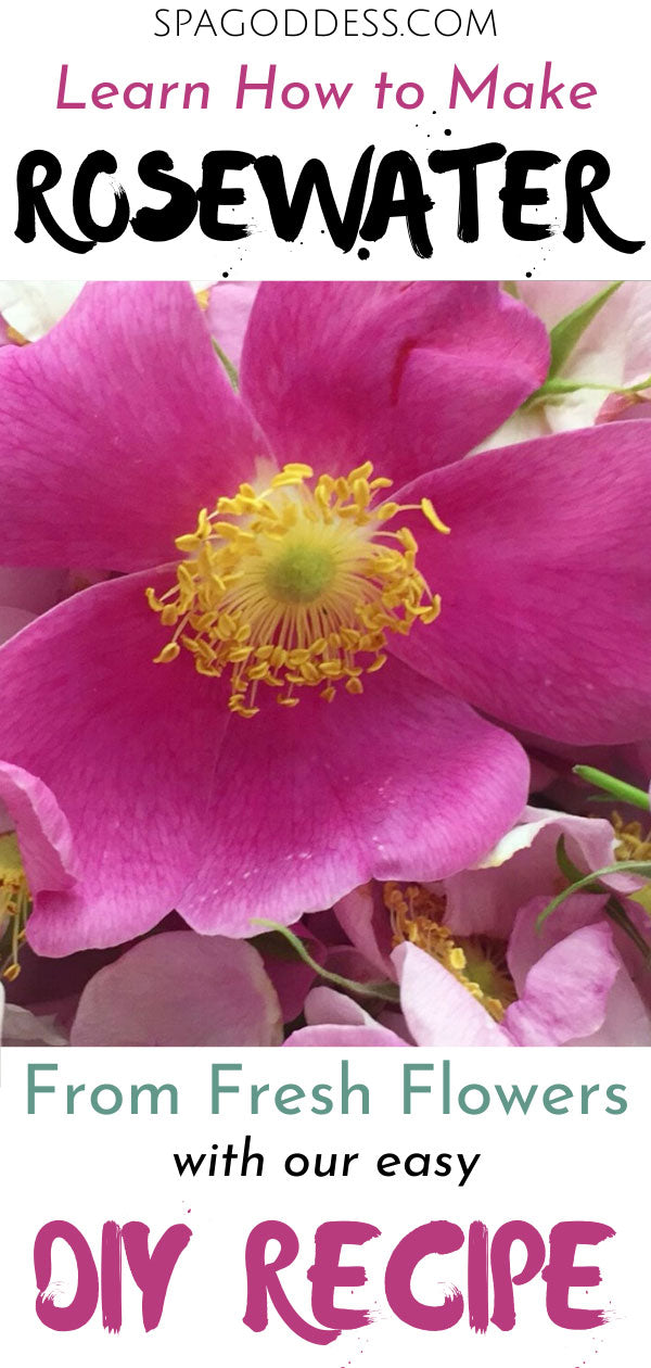 Learn to make your own rosewater from fresh flower petals with our easy DIY recipe on SpaGoddess Wellness Blog.