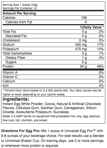 Universal Egg Pro Supplement Facts