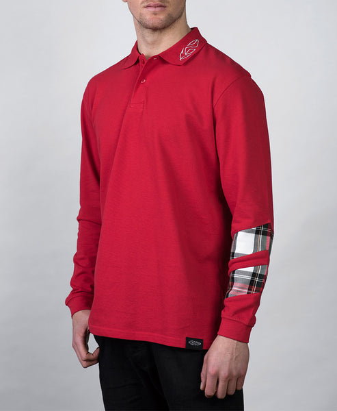 red long sleeve polo shirt with white collar