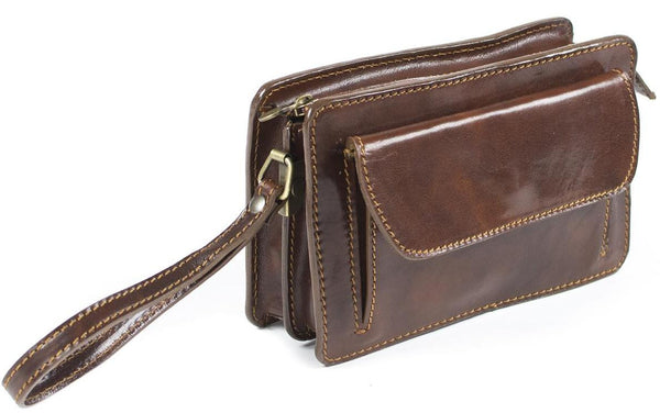 Italian leather Mens Travel Organizer Wrist Bag Clutch - Brown - Rivello Leather